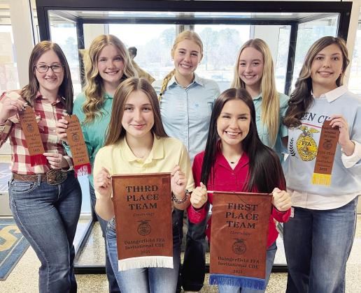 Queen City FFA Members started off CDE season with a bang with great finishes after competing in the Daingerfield Invitational CDE on Feb.17.The Floriculture team of McKynli Steaveson, Lola Gladden, Isabella Sullivan, Makayla Jackson and Anna Young placed Queen City FFA Members