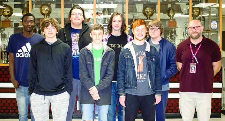 Pictured: FRONT: Landon Dryden, Nathan Byrd and Riley Williams. BACK: Josh Fields,Jon Kennedy,Jaxon Tyson,Josh White and teacher Aaron Whitehead. NOT PICTURED: Aidan Saffel AHS students advance to state film festival