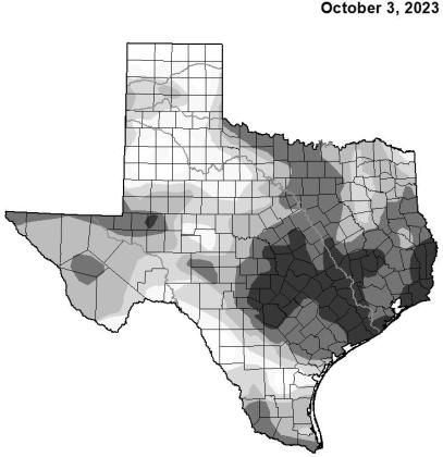 (Texas Drought Monitor) The Texas drought monitor graphic depict the various stages of drought currently in play across.The darker areas depict areas that are in severe, extreme or exceptional drought. Conditions are particularly bad in Central Texas and The Lowly State of Texas Lakes