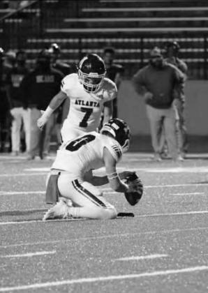 Rabbit kicker Daniel Hernandez kicks a field goal against the Bears. Hernandez finished the game 3-for-3 on XP and 2-for-2 on field goals with kicks of 24 and 33 yards. Photo by Maggi Whitlow Atlanta falls in district contest against Gladewate