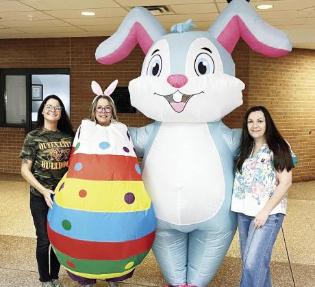 Special guests made a visit to Queen City Independent School District campuses on Friday. From left, are Starr Durmon, Rebecca Russell the Easer egg, Easter Bunny, D'Anne Campbell during their MUMS Courtesy photo