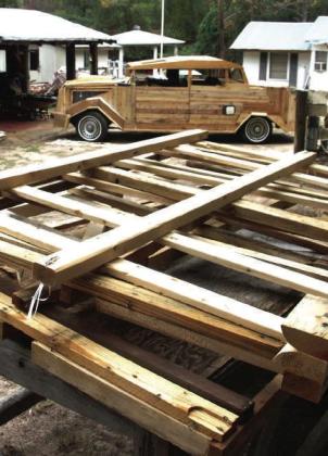 Here’s Wayne Mathews’ car factory in his yard around Bivins 2 and Leek Creek.In the background is the first wooden car he’s made. Here’s Wayne Mathews’ car factory in his yard around Bivins 2 and Leek Creek.In the background is the first wooden car he’s made.