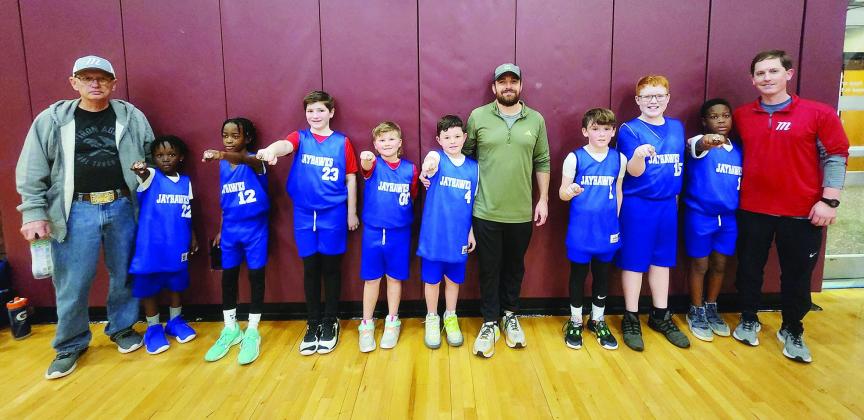 The Jayhawks 10U basketball team placed second in their division of the Atlanta Basketball League. Pictured from left: Coach Larry Martin, Nathan Andrews, Raheem Clay, Mason Mathews, Cameron Thomas, Brady Giesler, Cody Giesler, Jett Martin, Jaxsyn Clark, Basketball