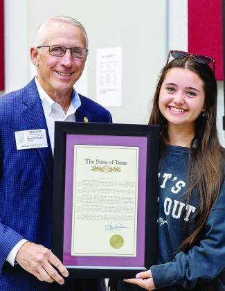 Band Student MaKenzie Lampshire was presented with a plaque on behalf of the Atlanta High School from Gary Van-Deaver for the outstanding finish at the State High School Band Competition. The team received a third-place finish on November 8, 2023. VanDeaver visits Atlanta ISD