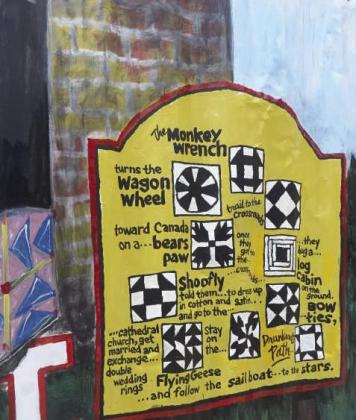 These ten quilt panel symbols would have been secret codes and messages for escaping slaves. They are detailed on this display by public artist James “Shinar” Coleman.