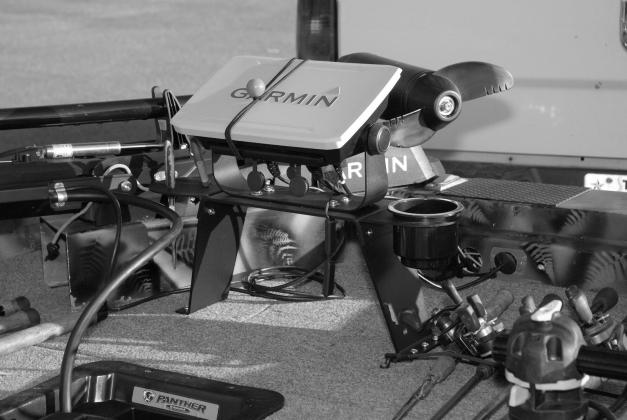 The front Garmin unit bolts to an 8-inch riser from Tiny Boat Nation (tbnation. com).The additional height is a nice addition for easier viewing of the screen, but it’s not so tall that it gets in the way. The riser bracket is available stand alone or w ALL GUSSIED UP