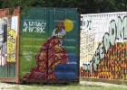 Art works by James “Shinar” Coleman on the sides and ends of two large trailers help tell the story of Pleasant Hill Rosenwald School’s popular program,“The Secret Code Quilts of the Underground Railroad.” Art works by James “Shinar” Coleman on the sides and ends of two large trailers help tell the story of Pleasant Hill Rosenwald School’s popular program,“The Secret Code Quilts of the Underground Railroad.”